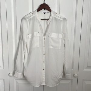 Calvin Klein Split V-Neck Long Roll-Tab Sleeve Button Front Shirt
